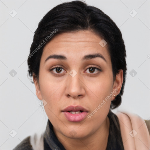 Neutral white young-adult female with medium  brown hair and brown eyes