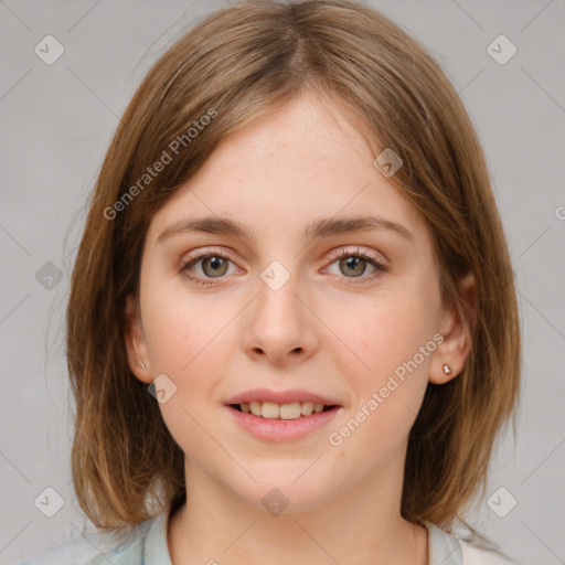 Joyful white young-adult female with medium  brown hair and grey eyes