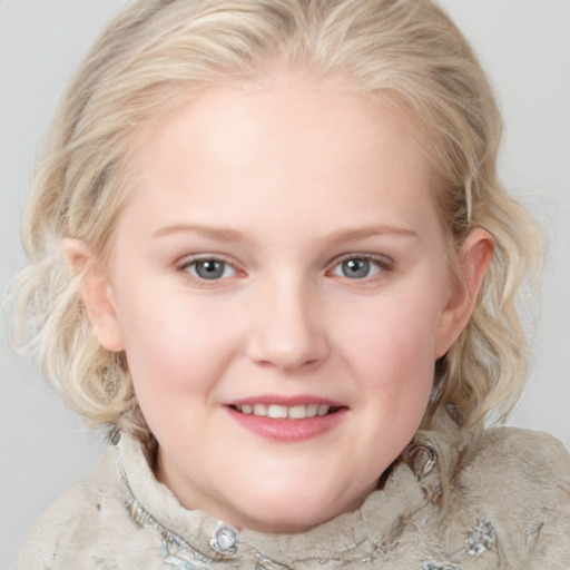 Joyful white young-adult female with medium  blond hair and blue eyes