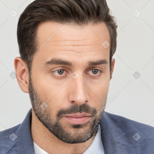 Neutral white young-adult male with short  brown hair and brown eyes