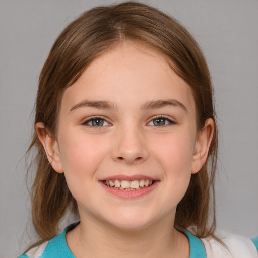 Joyful white child female with medium  brown hair and blue eyes