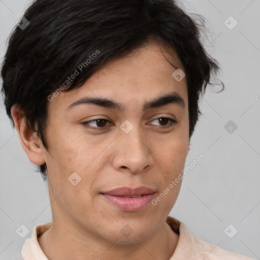 Joyful asian young-adult female with short  brown hair and brown eyes