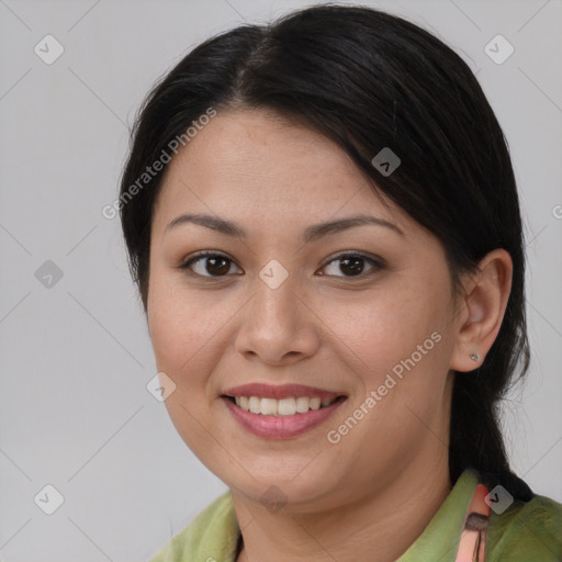 Joyful white young-adult female with medium  brown hair and brown eyes