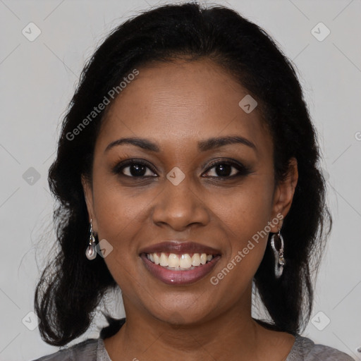 Joyful black young-adult female with medium  black hair and brown eyes