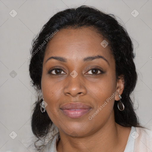 Joyful black young-adult female with medium  black hair and brown eyes