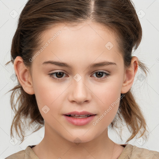 Joyful white child female with medium  brown hair and brown eyes