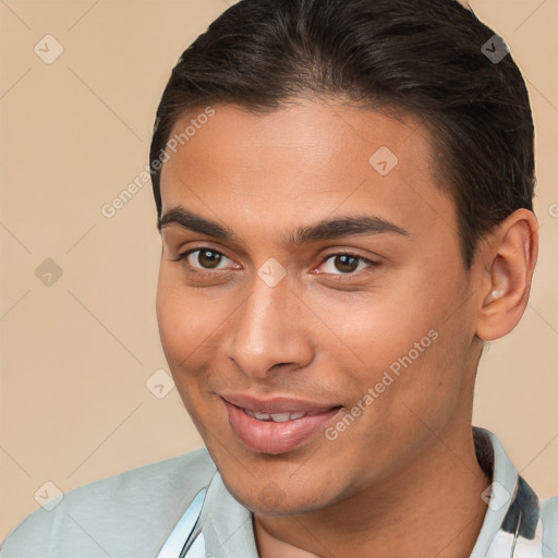 Joyful white young-adult male with short  brown hair and brown eyes