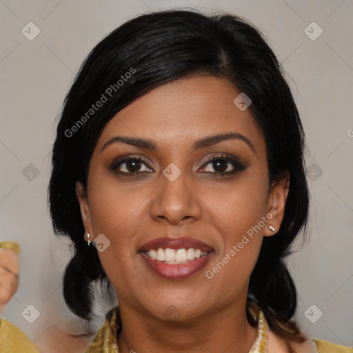 Joyful asian young-adult female with medium  black hair and brown eyes