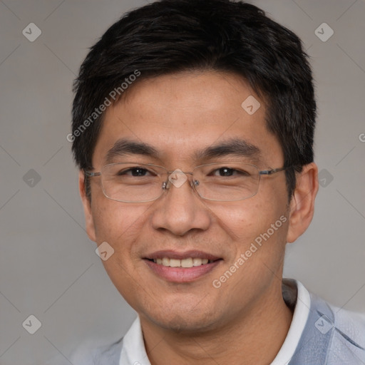 Joyful white adult male with short  brown hair and brown eyes