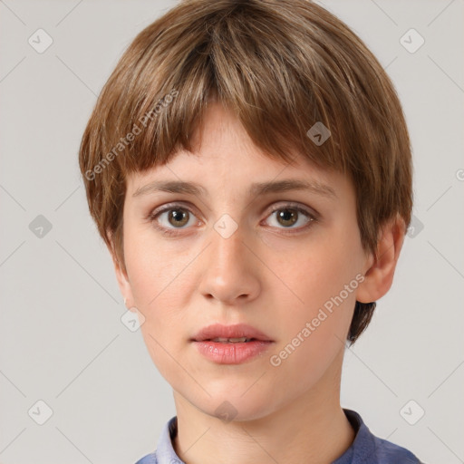 Neutral white young-adult female with short  brown hair and brown eyes