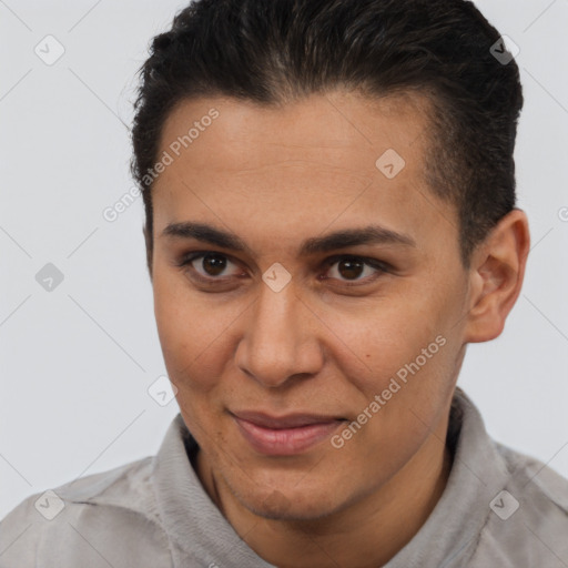 Joyful white young-adult male with short  brown hair and brown eyes