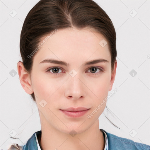 Neutral white young-adult female with short  brown hair and brown eyes