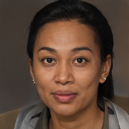 Joyful latino adult female with short  brown hair and brown eyes