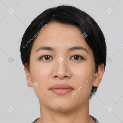 Neutral asian young-adult female with short  black hair and brown eyes