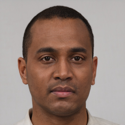 Neutral black young-adult male with short  black hair and brown eyes
