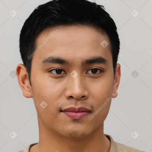 Joyful asian young-adult male with short  black hair and brown eyes