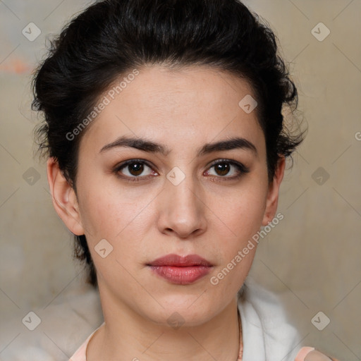 Neutral white young-adult female with medium  brown hair and brown eyes