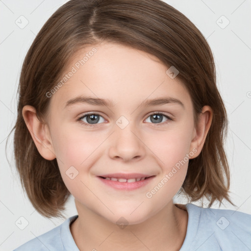 Joyful white child female with medium  brown hair and brown eyes