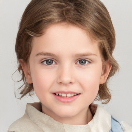 Joyful white child female with medium  brown hair and grey eyes