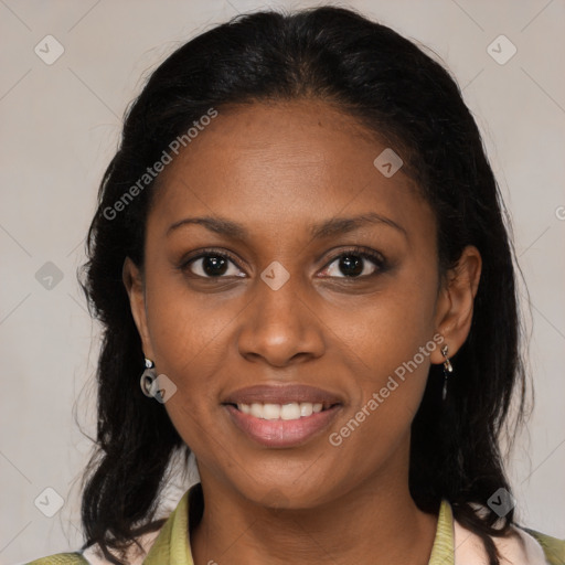 Joyful black young-adult female with medium  brown hair and brown eyes