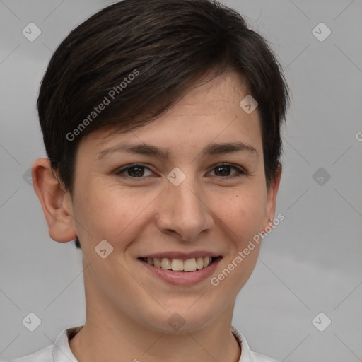 Joyful white young-adult female with short  brown hair and brown eyes