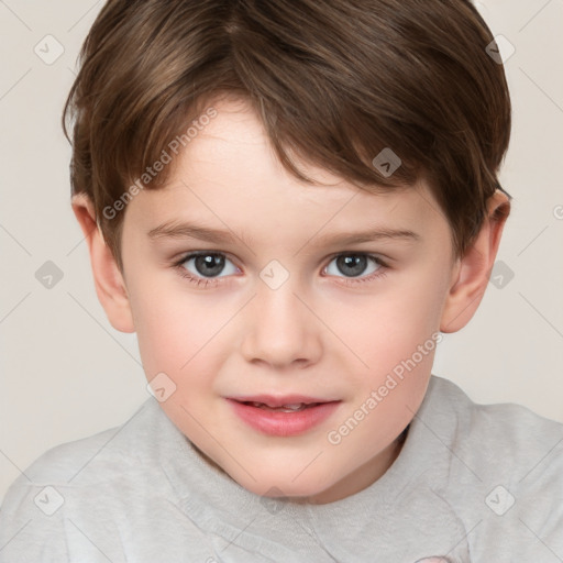 Joyful white child female with short  brown hair and brown eyes