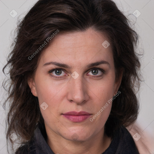 Joyful white young-adult female with medium  brown hair and green eyes