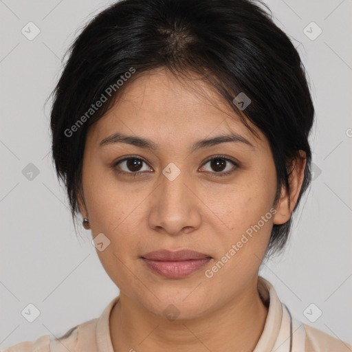 Joyful white young-adult female with medium  brown hair and brown eyes