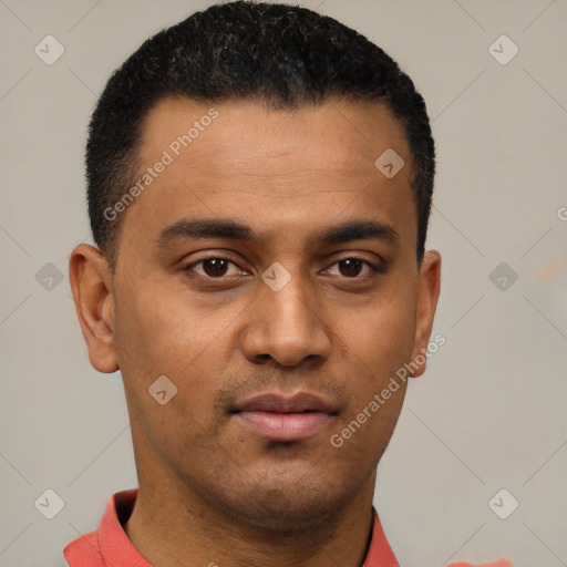 Neutral latino young-adult male with short  brown hair and brown eyes