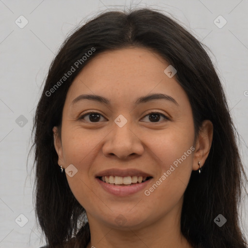 Joyful white young-adult female with long  brown hair and brown eyes