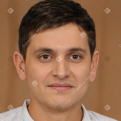 Joyful white young-adult male with short  brown hair and brown eyes