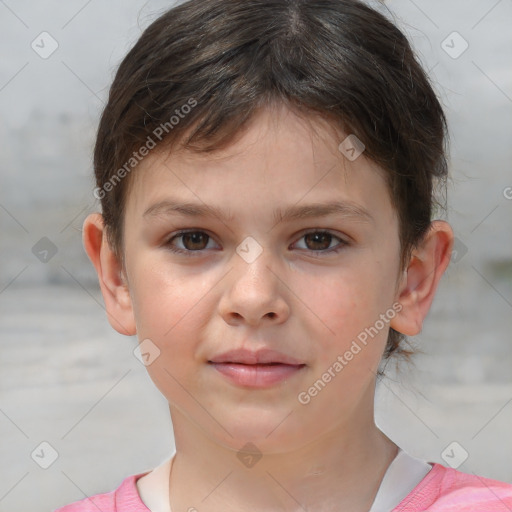 Joyful white child female with short  brown hair and brown eyes