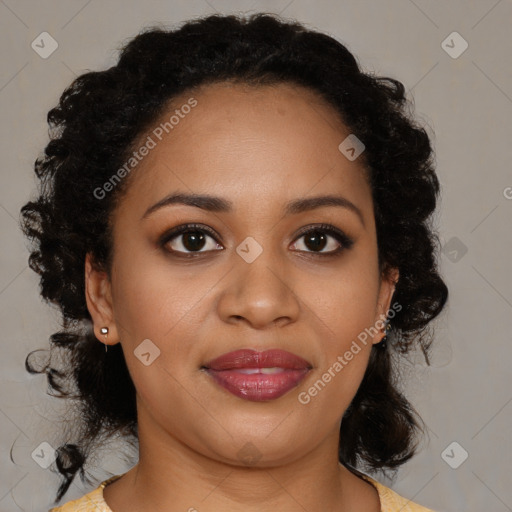 Joyful black young-adult female with medium  brown hair and brown eyes