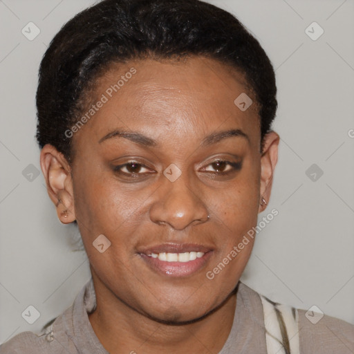 Joyful black adult female with short  brown hair and brown eyes