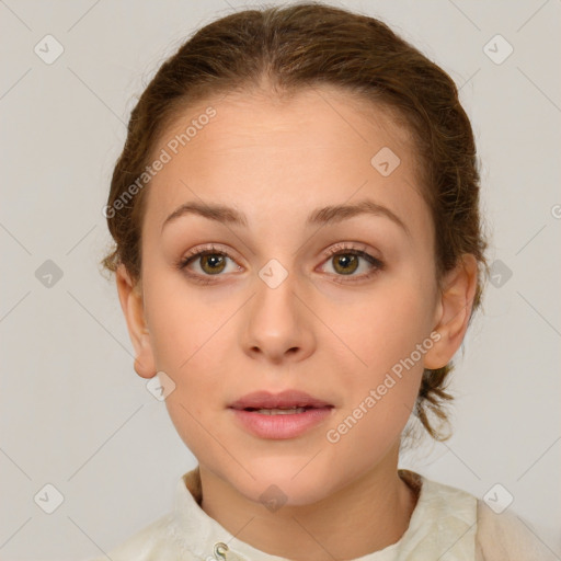 Neutral white young-adult female with short  brown hair and brown eyes