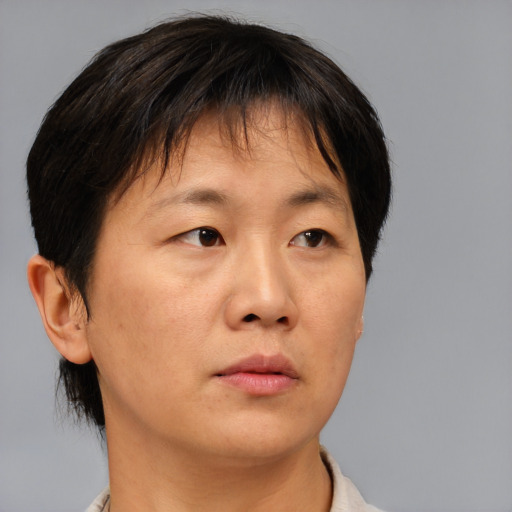 Neutral asian adult male with short  brown hair and brown eyes