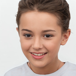 Joyful white child female with short  brown hair and brown eyes