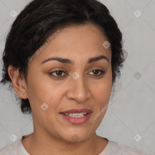 Joyful latino young-adult female with short  brown hair and brown eyes