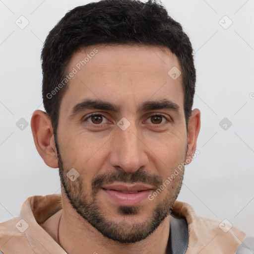 Joyful white young-adult male with short  black hair and brown eyes