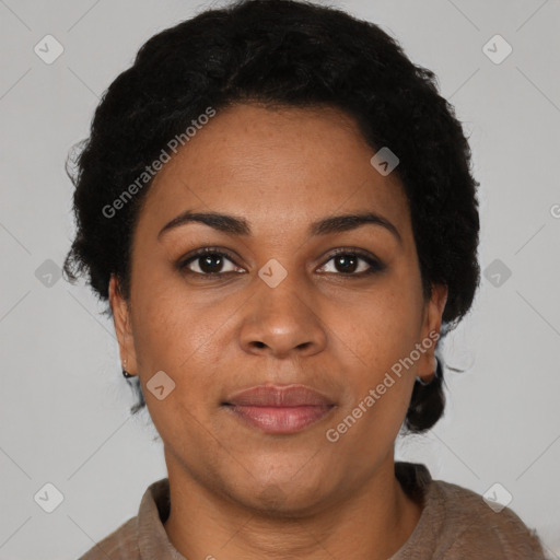 Neutral black young-adult female with short  black hair and brown eyes