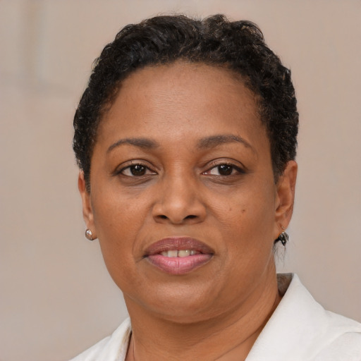 Joyful black adult female with short  brown hair and brown eyes