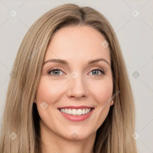 Joyful white young-adult female with long  brown hair and green eyes