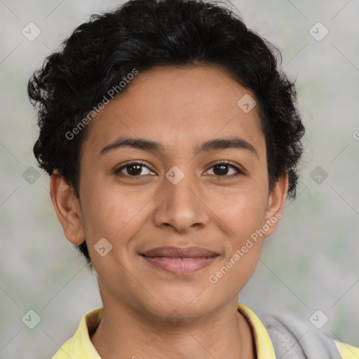 Joyful latino young-adult female with short  brown hair and brown eyes