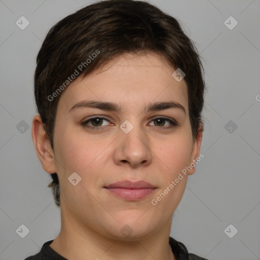 Joyful white young-adult female with short  brown hair and brown eyes