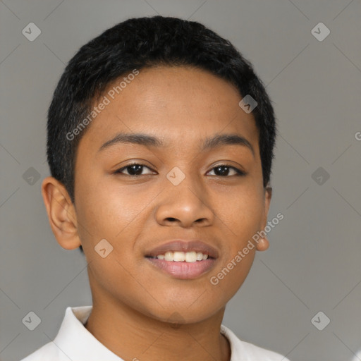 Joyful latino young-adult female with short  black hair and brown eyes