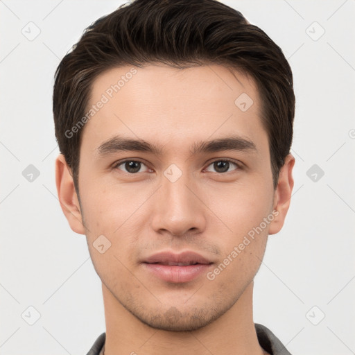 Neutral white young-adult male with short  brown hair and brown eyes