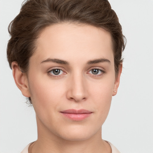 Neutral white young-adult female with short  brown hair and brown eyes