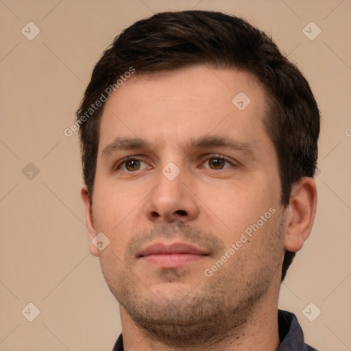 Neutral white young-adult male with short  brown hair and brown eyes