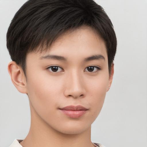 Neutral asian young-adult female with short  brown hair and brown eyes