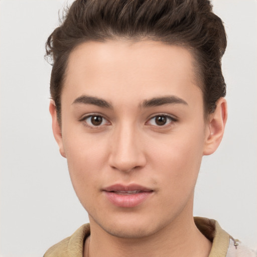 Neutral white young-adult female with short  brown hair and brown eyes